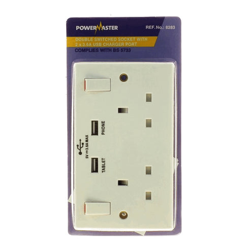 POWERMASTER 2 GANG SWITCHED SOCKET C/W 2 USB OUTPUT PORTS