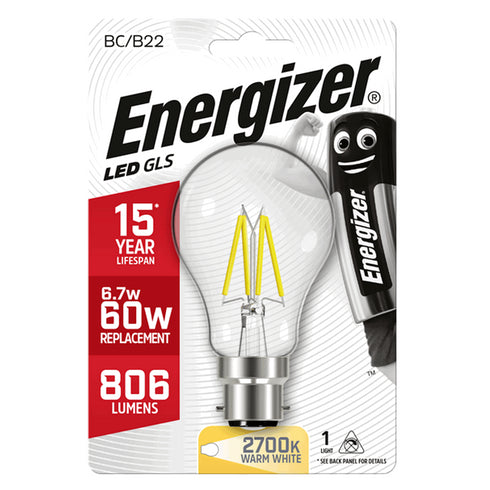 ENERGIZER 6.2W (60W) B22 CLEAR LED GLS 806LM