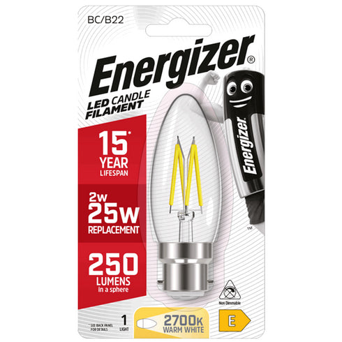 ENERGIZER 2.4W (25W) B22 CLEAR LED
CANDLE 250LM