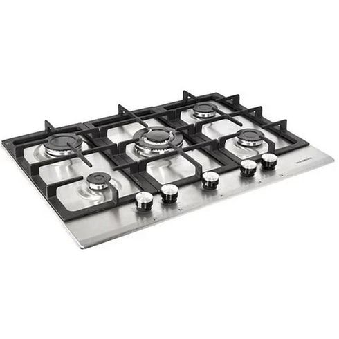 NordMende 70cm Gas Hob with Cast Iron Pan Supports and Central Wok Burner Stainless Steel