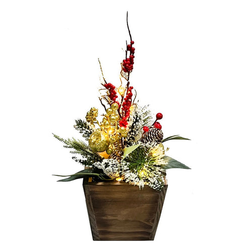 Wood Gift Tray with Christmas and Autumnal Foliage display and LED Candle. Candle is fixed to metal floor of tray and comes with Timer Function (6H on 18H off). 3xAAA batteries required (batteries not supplied)