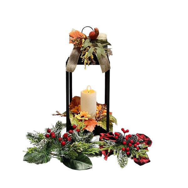 Black Metal Lantern with Dome Roof and Metal hanger c/w Plastic Flickering LED Candle