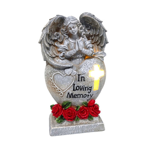 Praying Angel with message 'In loving Memory' with Solar Powered Lighting Cross