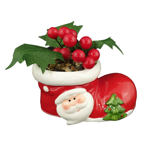 Ceramic SANTA shoes shaped with artifical plants decoration (without light)