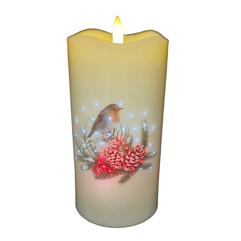 FIBER OPTIC CANDLE WITH LIGHTING ROBIN DECORATION AND Warm White Bullet Flame