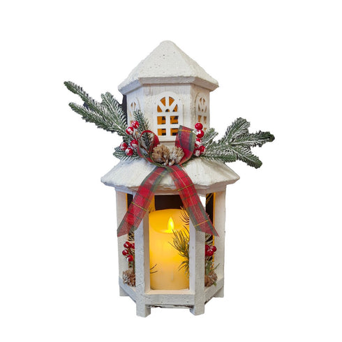 White Wooden Lantern with Turret and Flowing Wax Effect Flickering Candle decorated with Seasonal Decoration and Tartan Bow