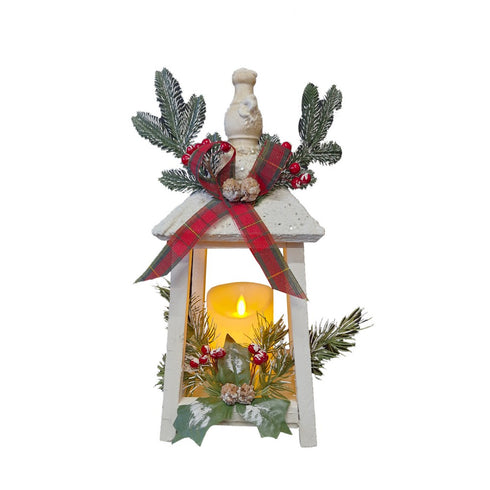 White Wooden Frame Lantern with Flowing Wax effect Flickering Candle decorated with Seasonal Decoration and Tartan Bow