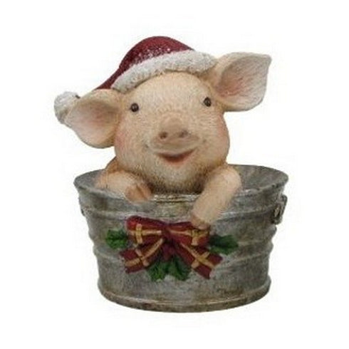Pig wearing Santa Hat in Bucket with Red Bow
