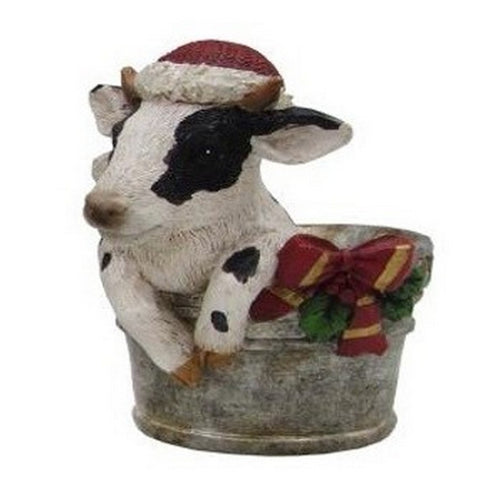 Cow wearing Santa Hat in Bucket with Red Bow