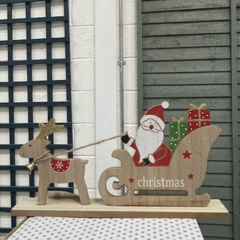 30cm wooden santa, sleigh and reindeer