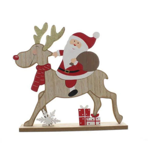 24cm wooden reindeer with santa