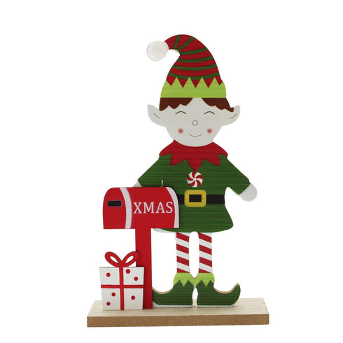 23cm wooden red/green elf-red post box