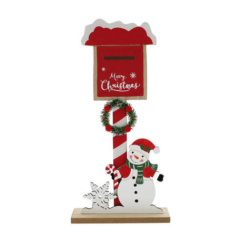 31cm wooden red stripe post box-white snowman