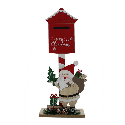 33cm wooden red/white post box-santa holding tree