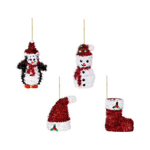 16cm Tinsel Trim Decs in CDU Hat-Boot-Penguin-Snwman