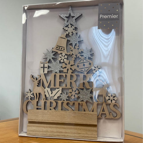 27cm Wood Tree w Glitter Stars Silver - White