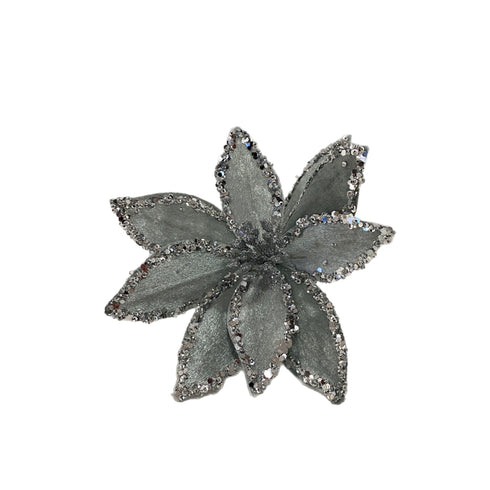 20cm Silver Beaded Poinsettia on Clip
