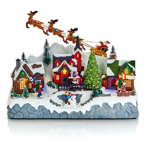 34cm Lit Musical Xmas Village with Sleigh and Reindeer