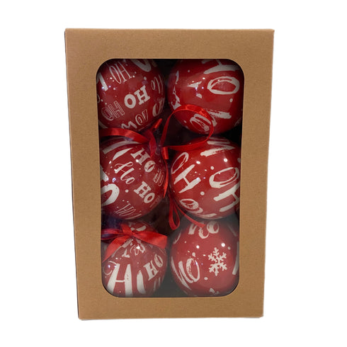 Set-6 75mm Red Ho-Ho-Ho Decoup Balls in Box