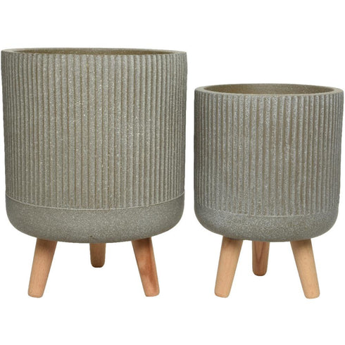 TEXTURED STRIPE DESIGN TAUPE FIBRE CLAY PLANTER C/W WOODEN LEGS SET/2