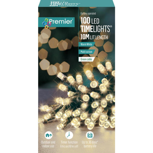 100 BATTERY OPERATED LED TIMER LIGHTS - WARM WHITE